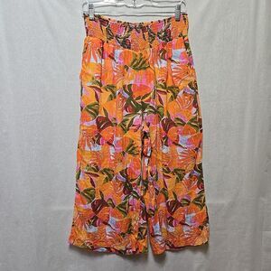 C&C California Linen Pants Palm Leaf Tropical Wide Leg Cropped Large Beachy L